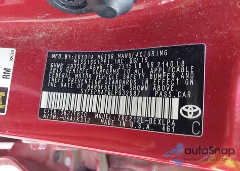 2020 Toyota Corolla Le из США, поврежденный, VIN 5YFEPRAE6LP032087